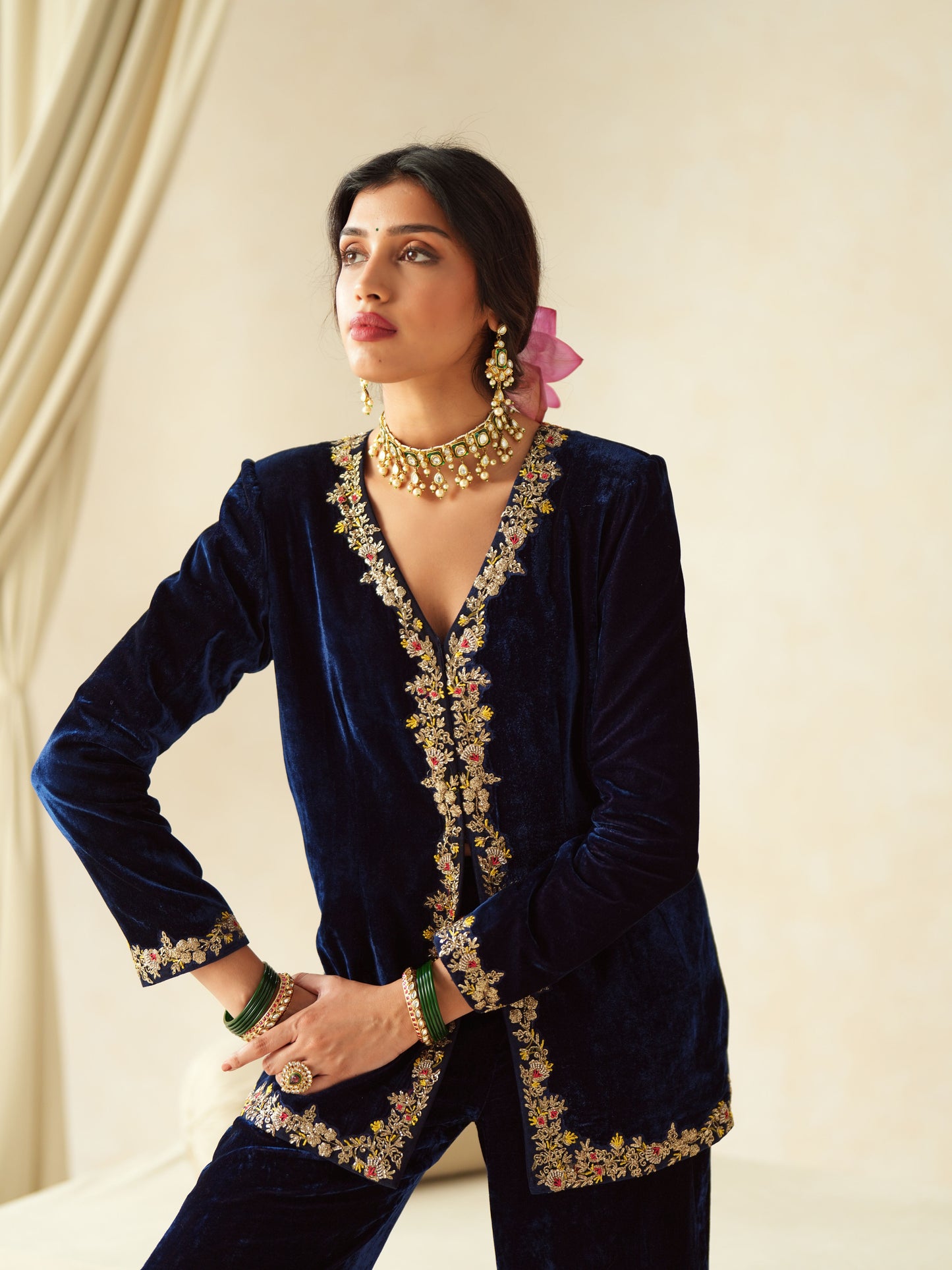 Dark Blue Embroidered Velvet Jacket Set