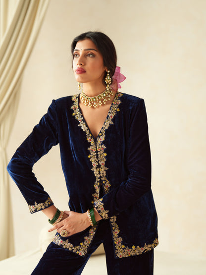 Dark Blue Embroidered Velvet Jacket Set