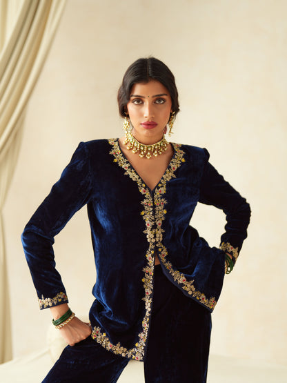 Dark Blue Embroidered Velvet Jacket Set