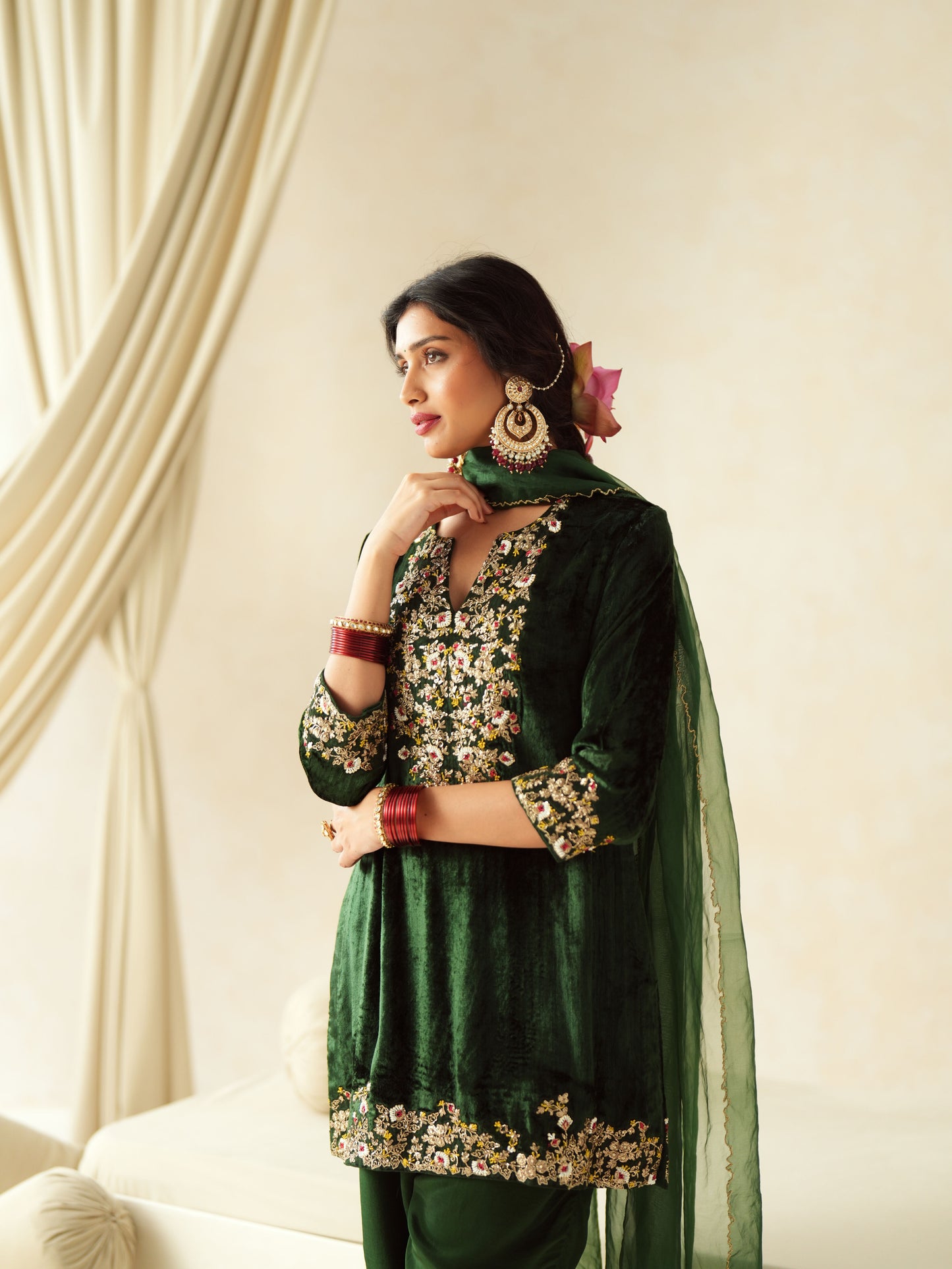 Emerald Green Embroidered Velvet Suit Set