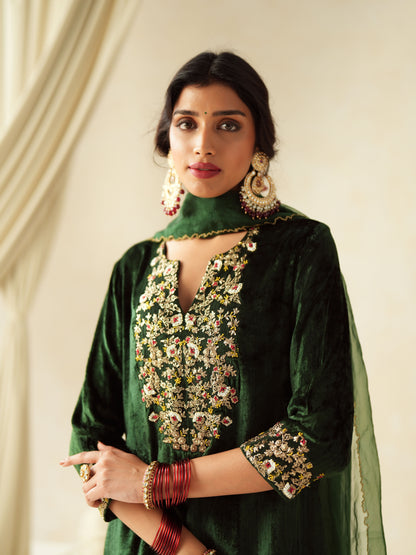 Emerald Green Embroidered Velvet Suit Set