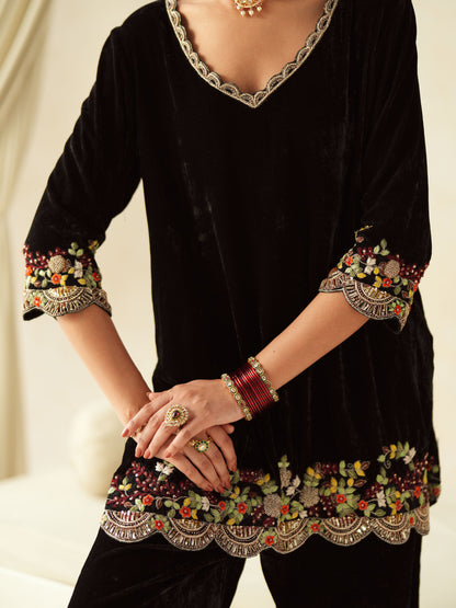 Black Embroidered Velvet Suit Set