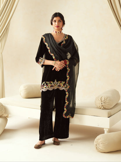 Black Embroidered Velvet Suit Set