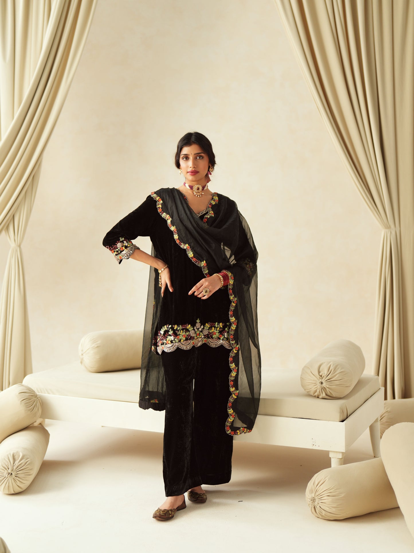 Black Embroidered Velvet Suit Set