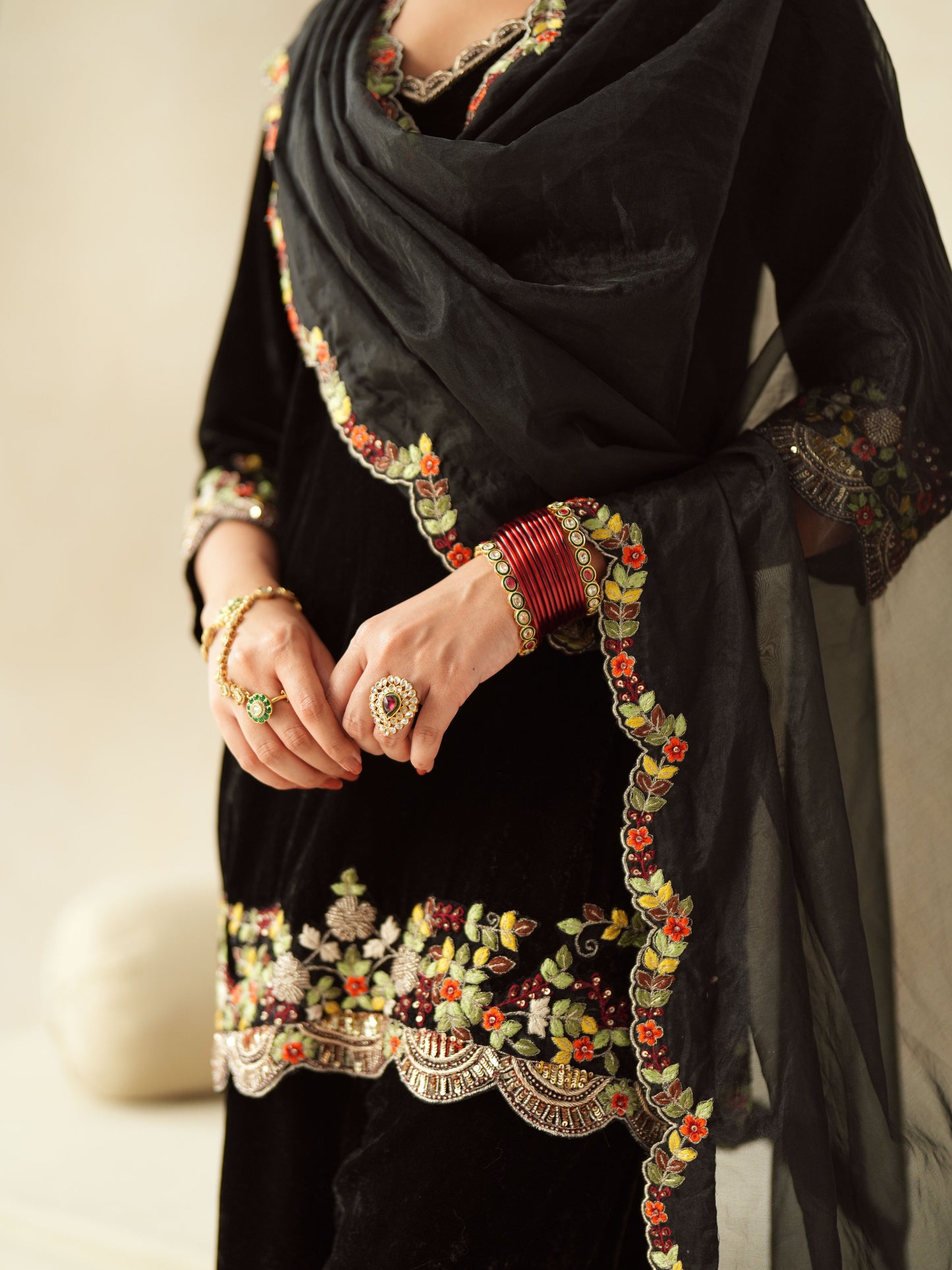 Black Embroidered Velvet Suit Set