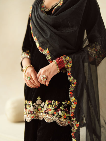 Black Embroidered Velvet Suit Set