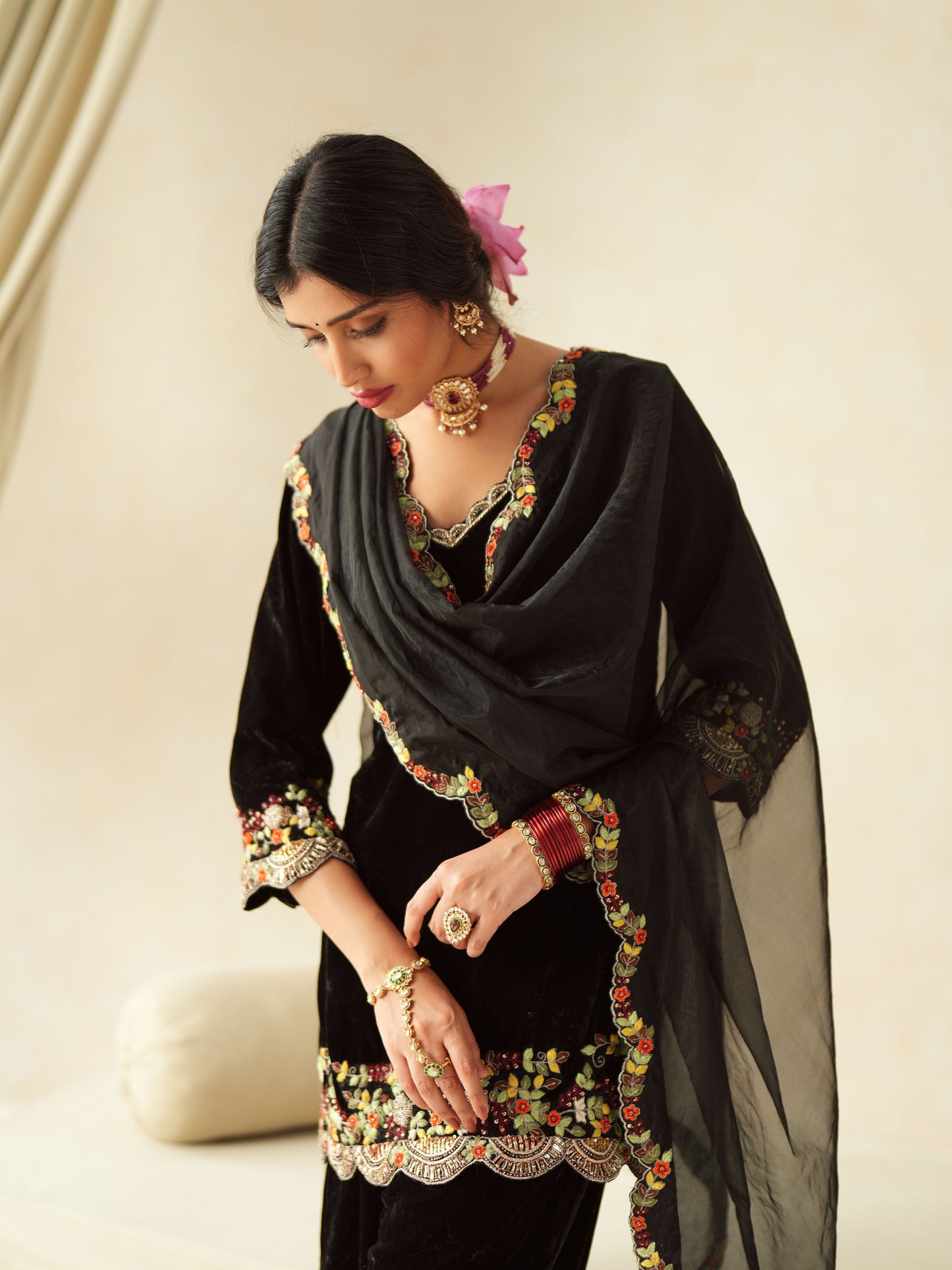 Black Embroidered Velvet Suit Set