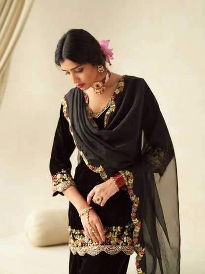 Black Embroidered Velvet Suit Set