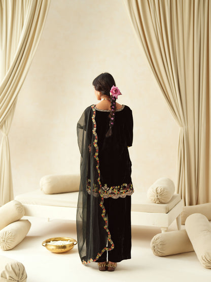 Black Embroidered Velvet Suit Set
