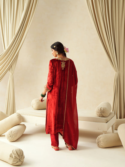 Red Embroidered Velvet Suit Set