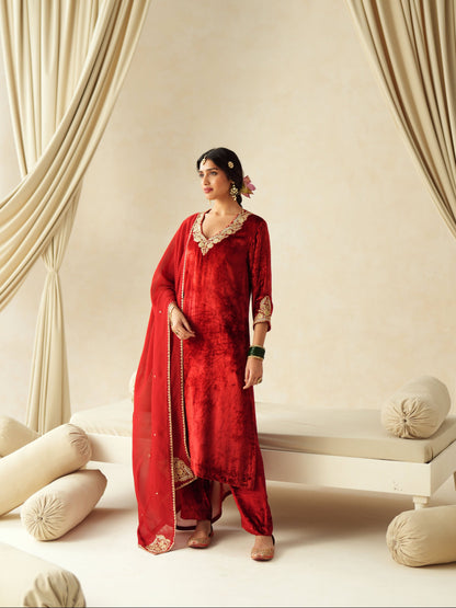 Red Embroidered Velvet Suit Set