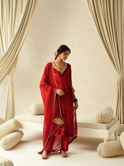 Red Embroidered Velvet Suit Set