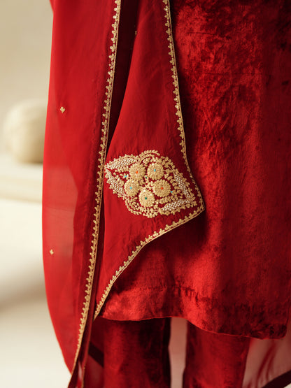 Red Embroidered Velvet Suit Set