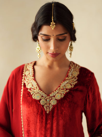Red Embroidered Velvet Suit Set