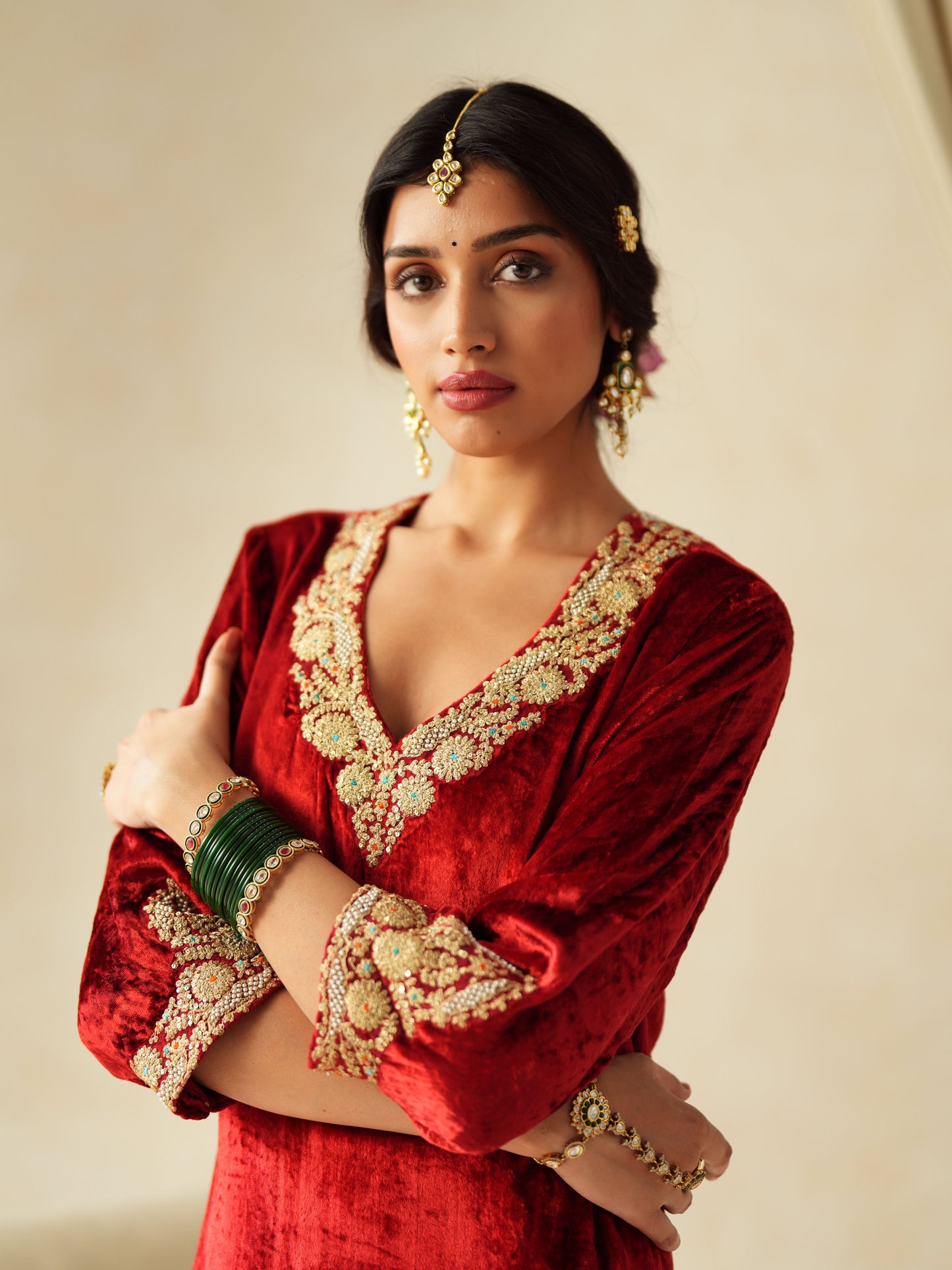 Red Embroidered Velvet Suit Set