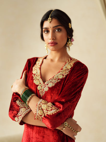 Red Embroidered Velvet Suit Set