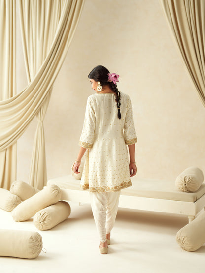 Ivory Silk Embroidered Dhoti Suit Set