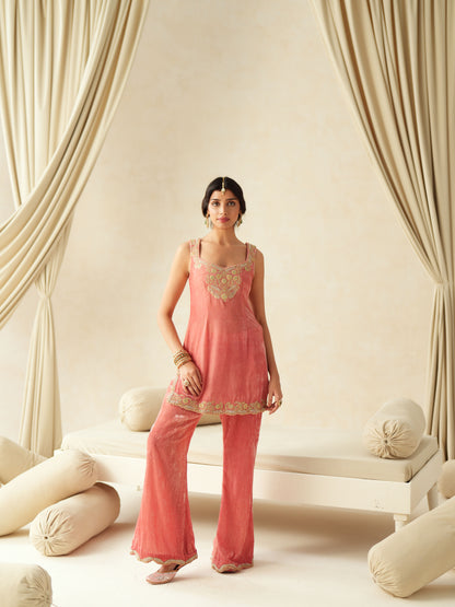 Pink Embroidered Velvet Suit Set