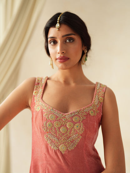 Pink Embroidered Velvet Suit Set