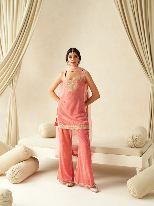 Pink Embroidered Velvet Suit Set