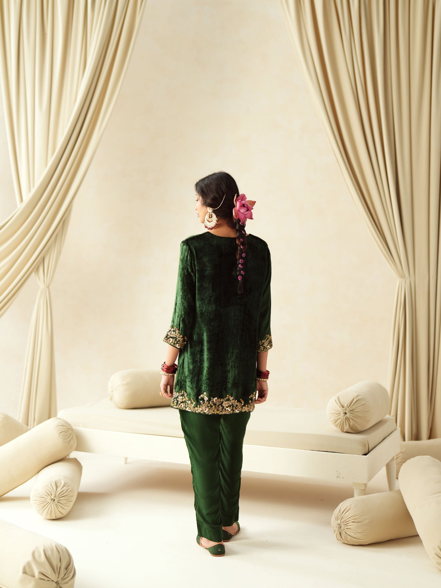 Emerald Green Embroidered Velvet Suit Set
