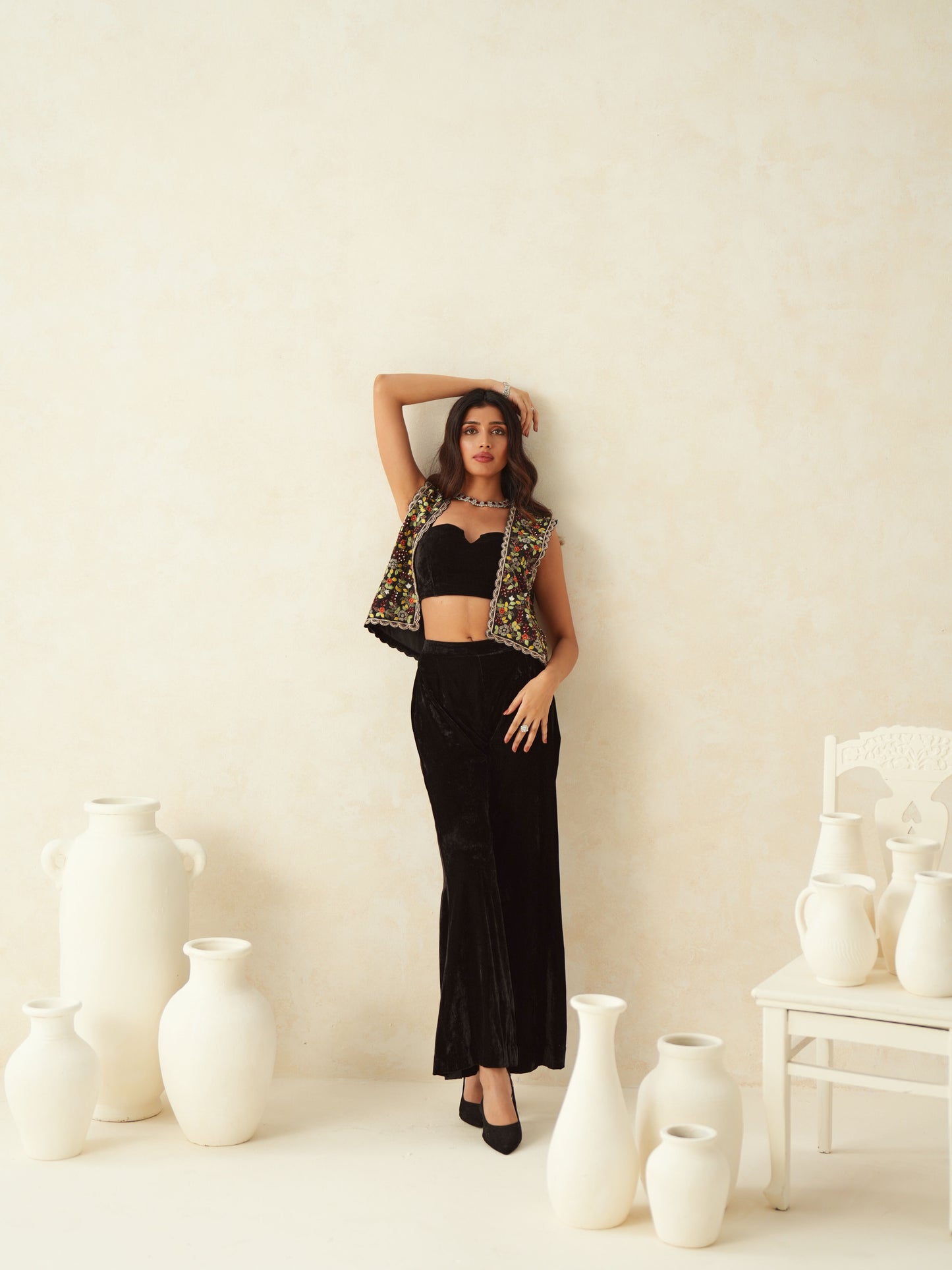 Black Velvet Embroidered Short Jacket Set