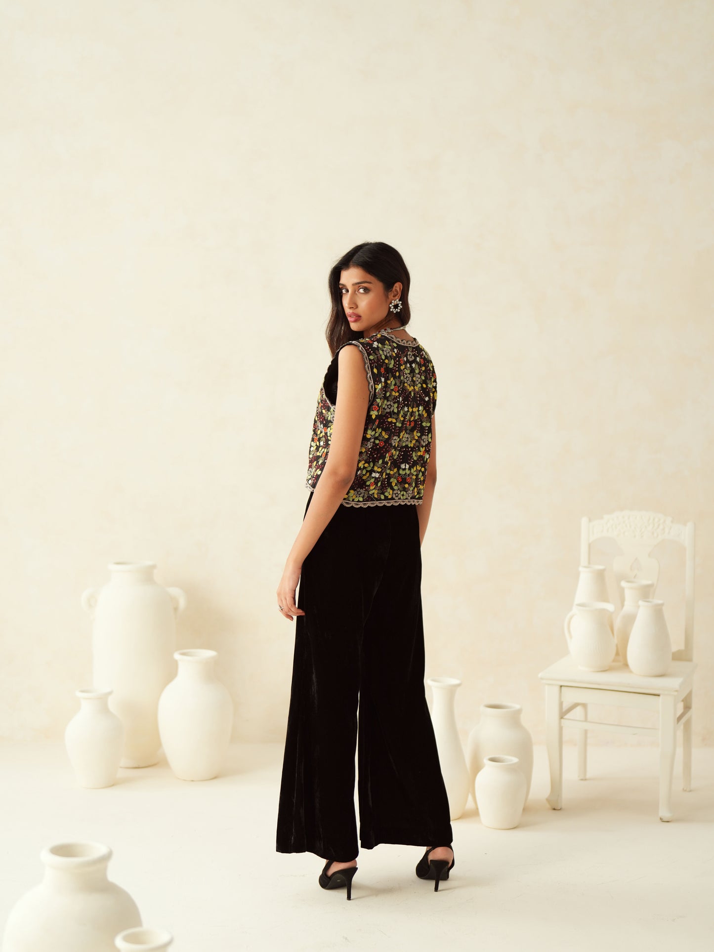 Black Velvet Embroidered Short Jacket Set