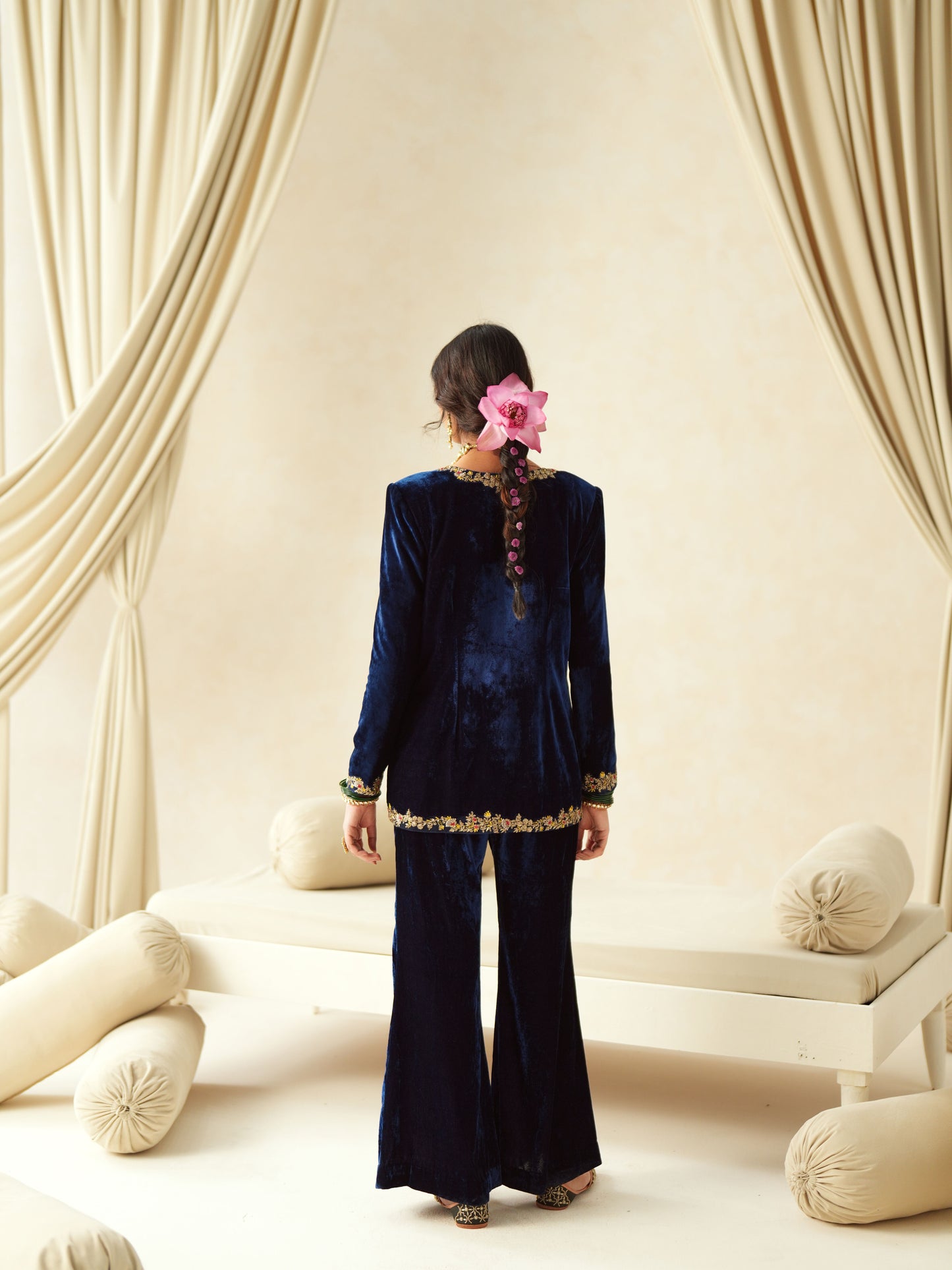 Dark Blue Embroidered Velvet Jacket Set