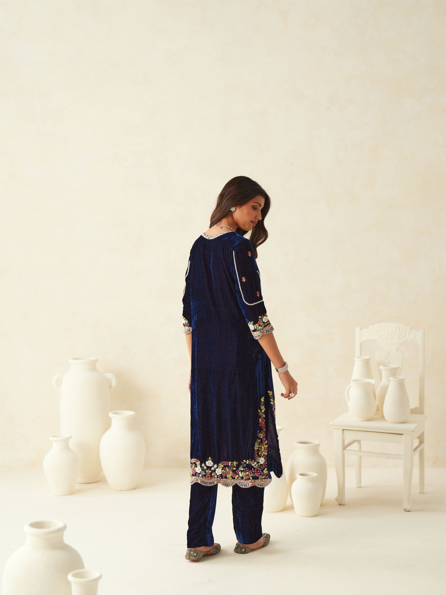 Dark Blue Embroidered Velvet Suit Set