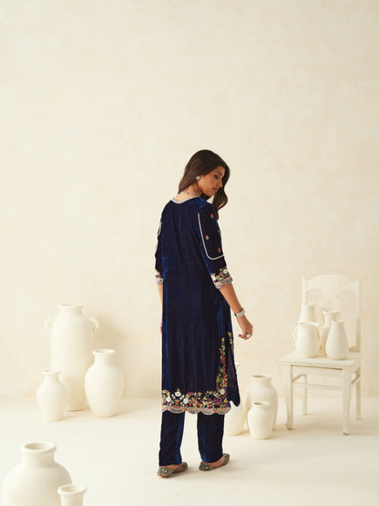 Dark Blue Embroidered Velvet Suit Set