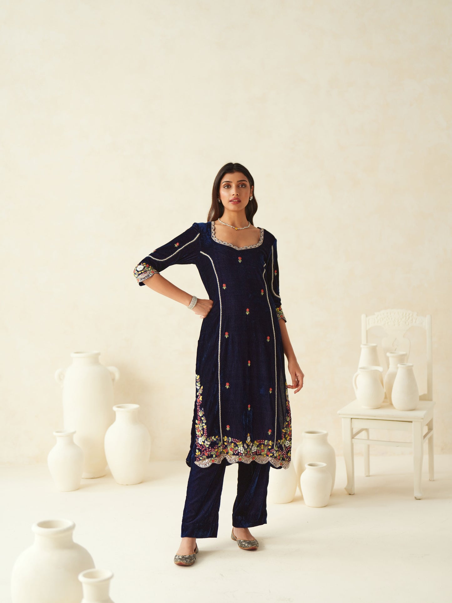 Dark Blue Embroidered Velvet Suit Set