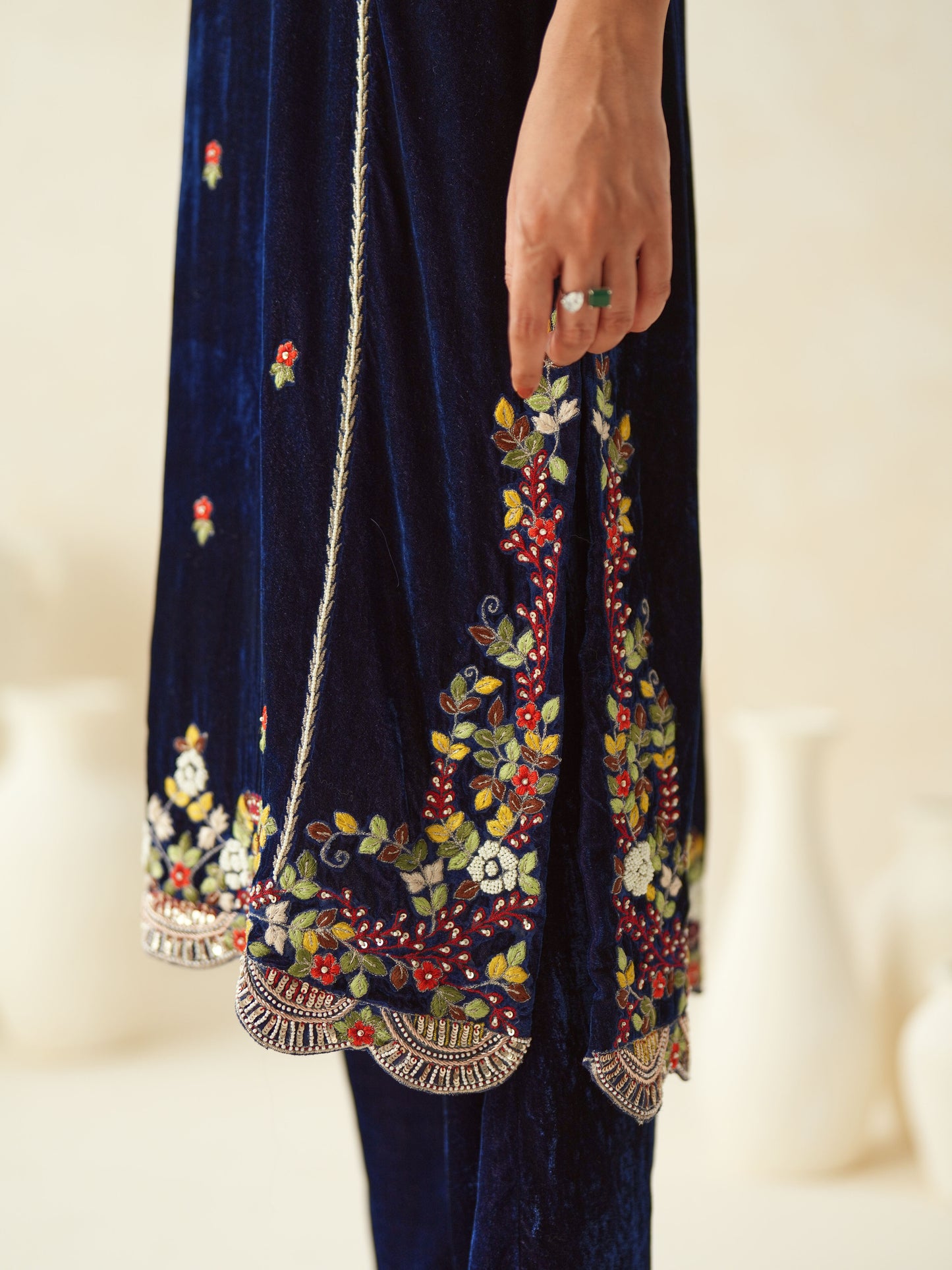 Dark Blue Embroidered Velvet Suit Set
