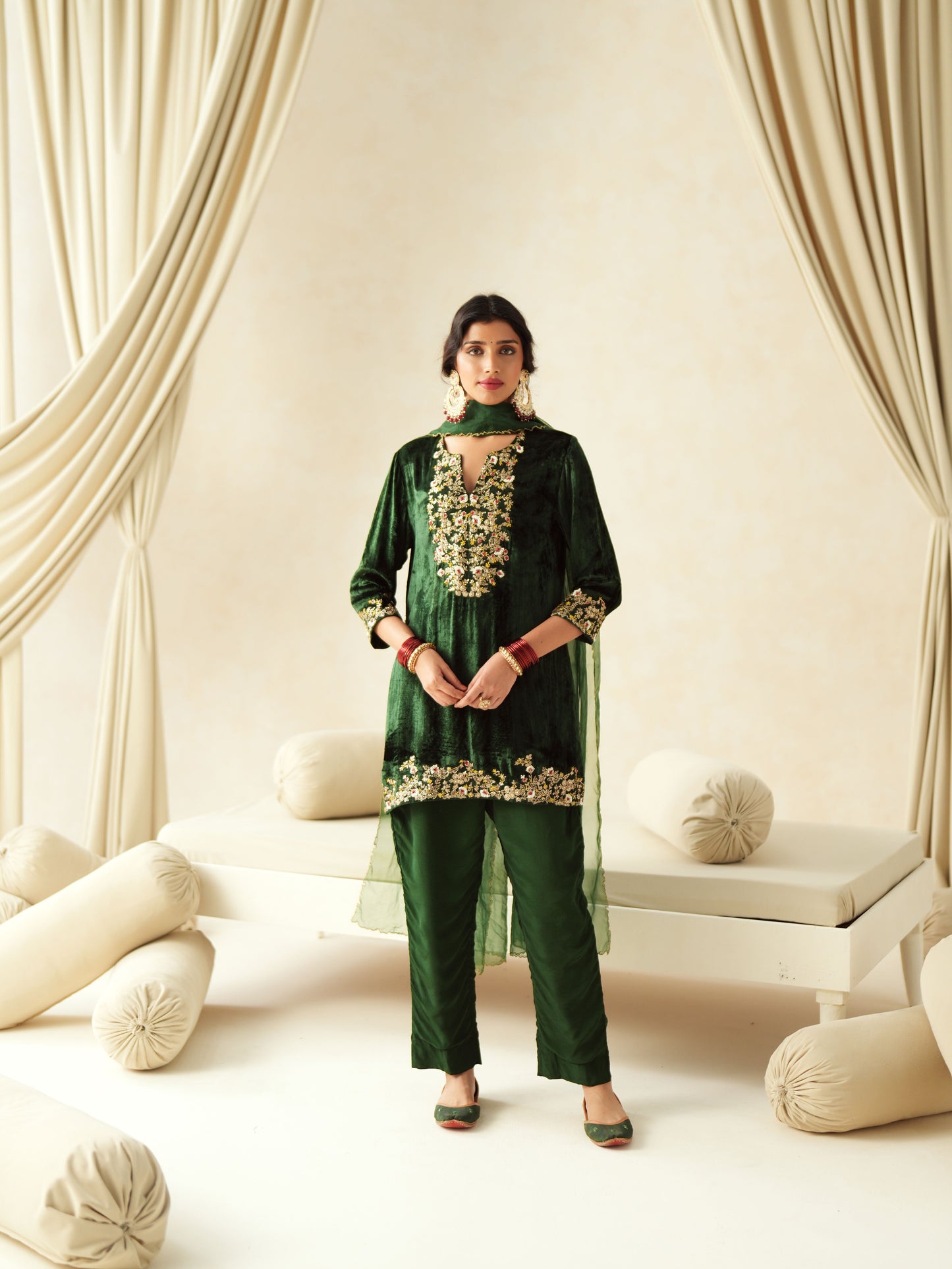 Emerald Green Embroidered Velvet Suit Set