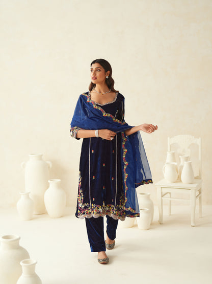 Dark Blue Embroidered Velvet Suit Set