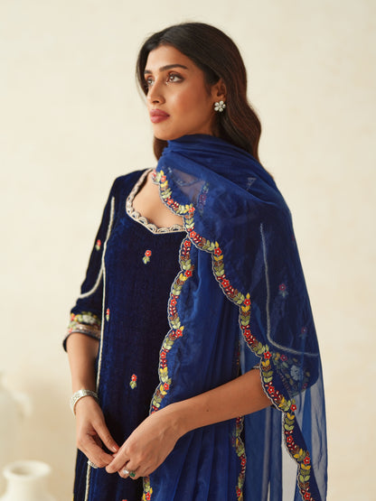 Dark Blue Embroidered Velvet Suit Set