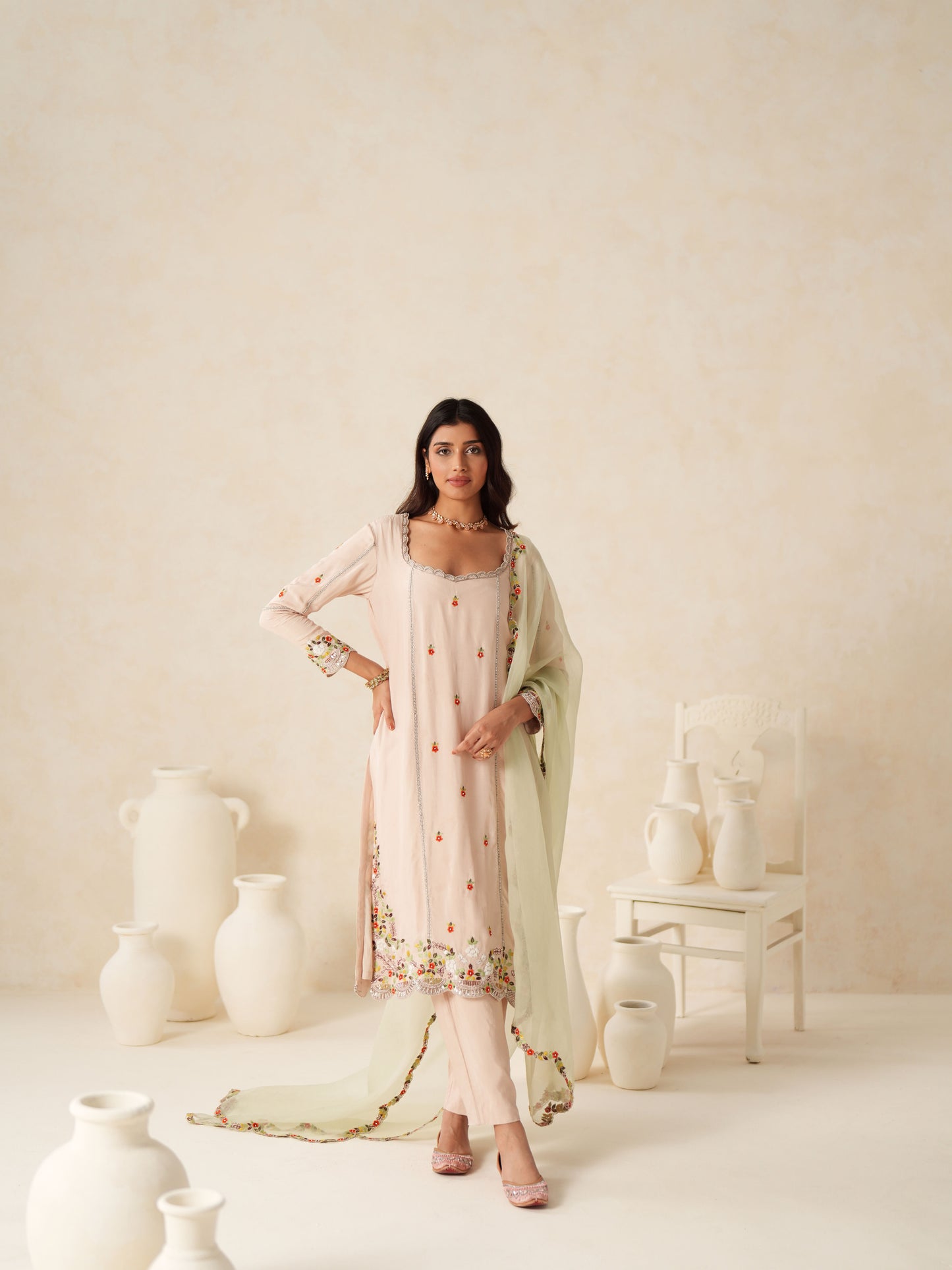 Blush Pink Semi Silk Embellished Suit Set