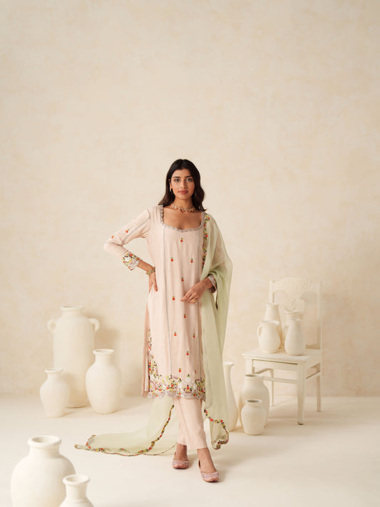 Blush Pink Semi Silk Embellished Suit Set