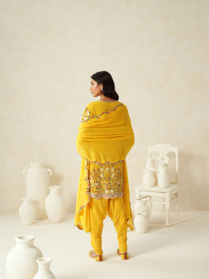Yellow Semi Silk Embroidery Dhoti Suit Set
