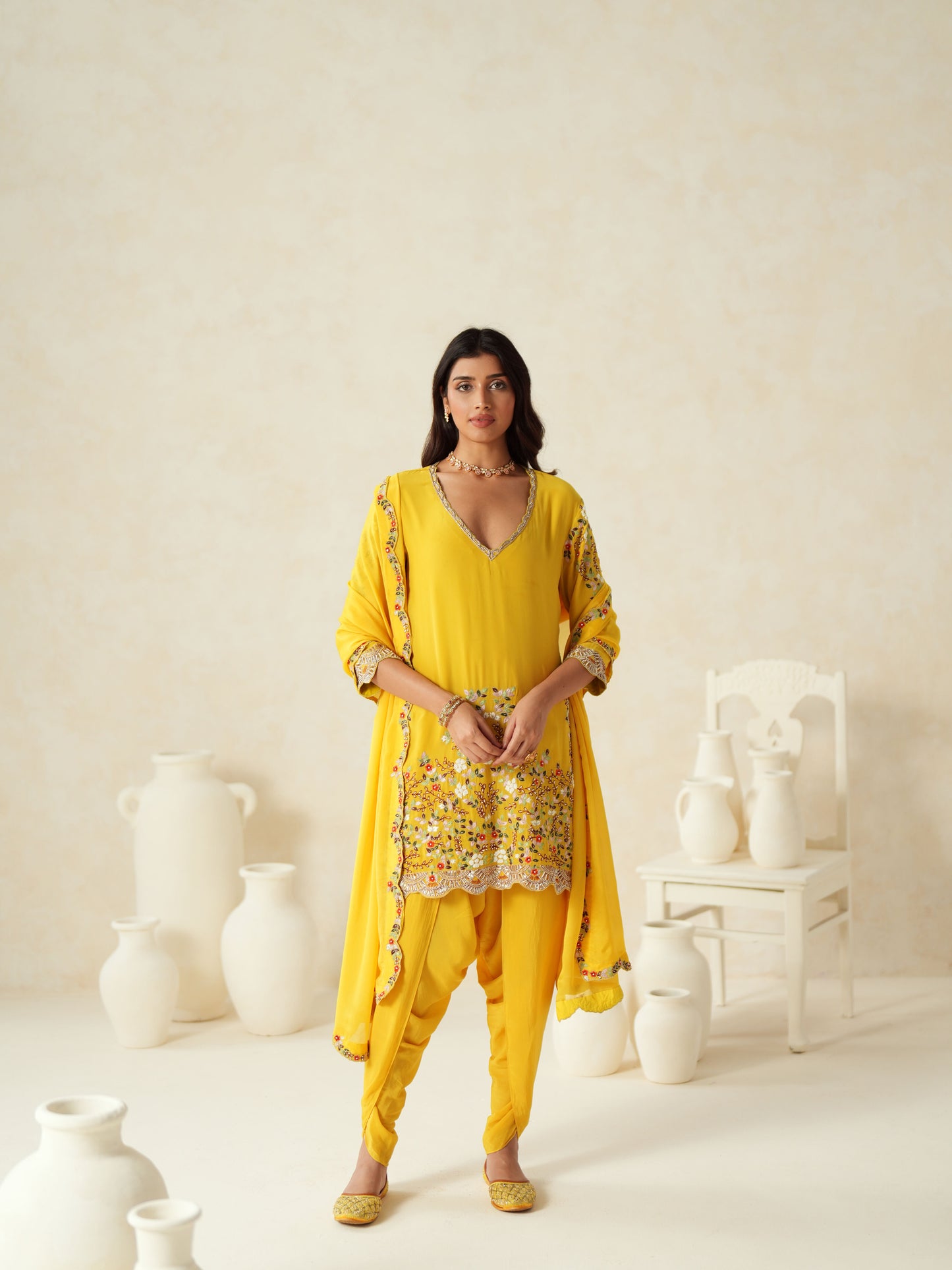 Yellow Semi Silk Embroidery Dhoti Suit Set