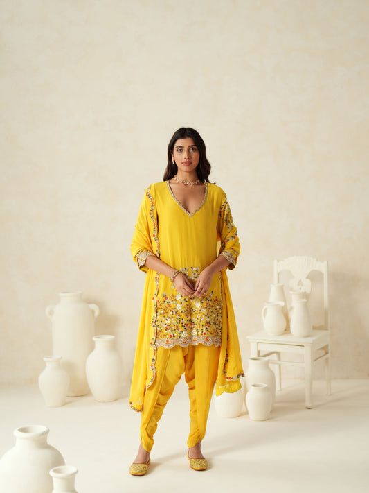 Yellow Semi Silk Embroidery Dhoti Suit Set
