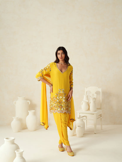 Yellow Semi Silk Embroidery Dhoti Suit Set