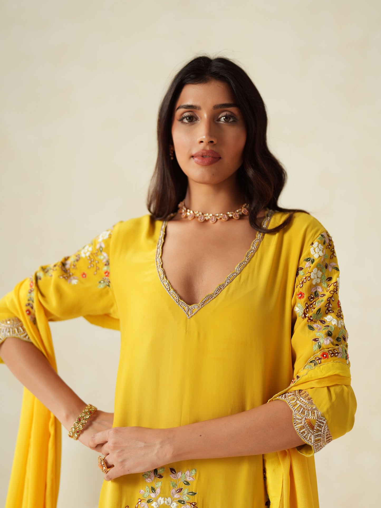 Yellow Semi Silk Embroidery Dhoti Suit Set