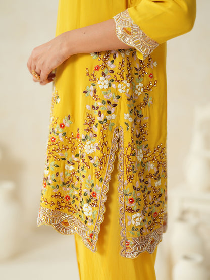 Yellow Semi Silk Embroidery Dhoti Suit Set