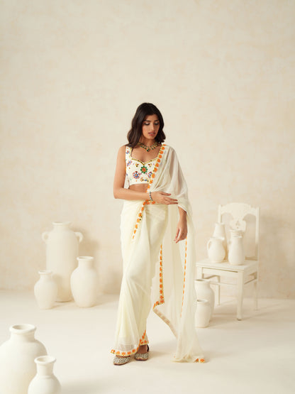 Ivory Georgette Mirror Work Pre stitched Saree Set
