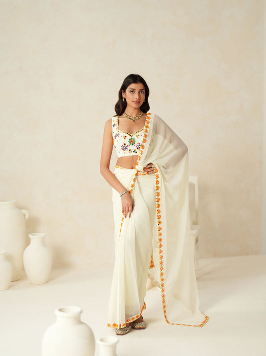 Ivory Georgette Mirror Work Pre stitched Saree Set