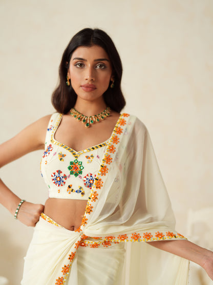 Ivory Georgette Mirror Work Pre stitched Saree Set