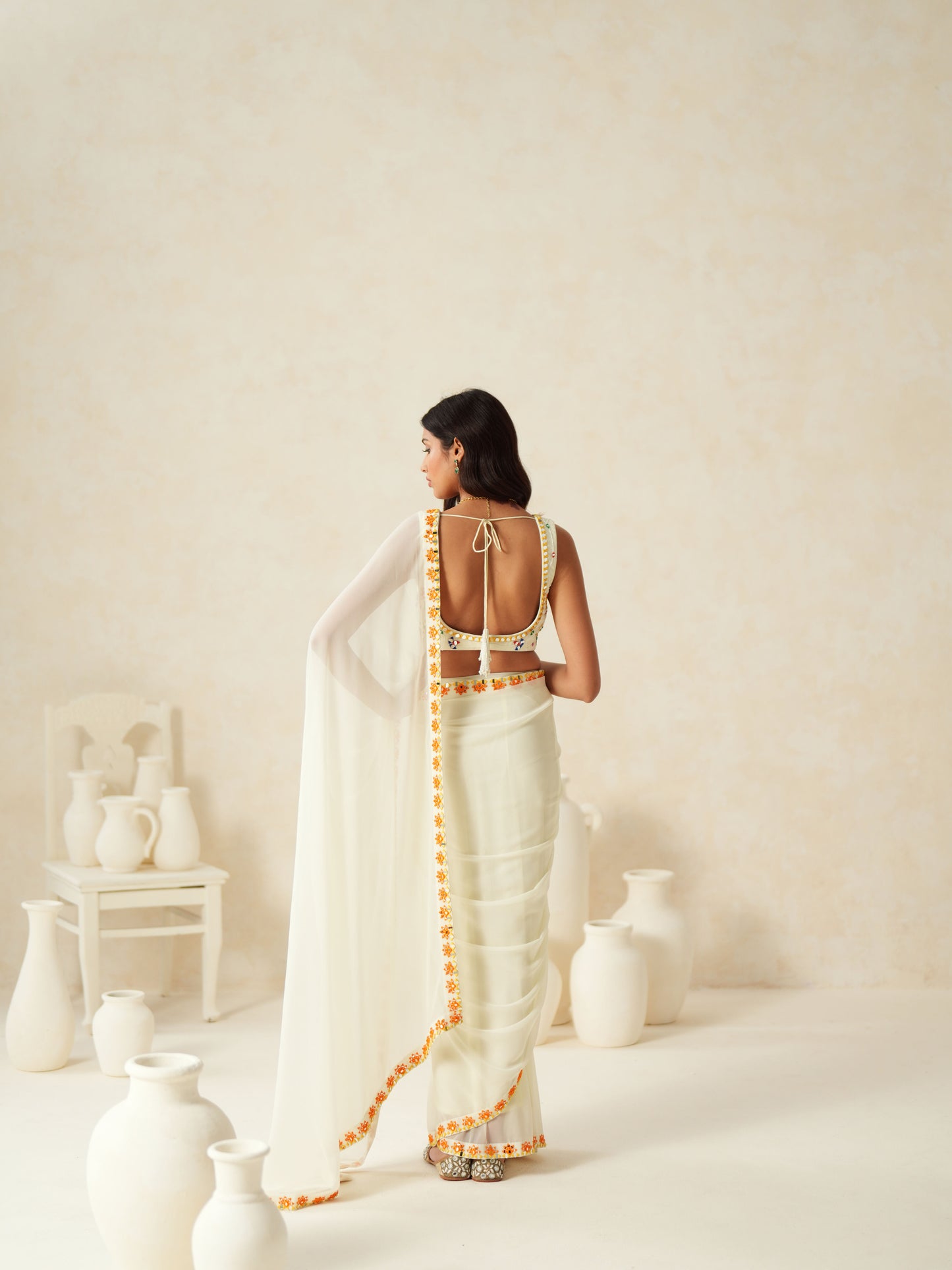 Ivory Georgette Mirror Work Pre stitched Saree Set