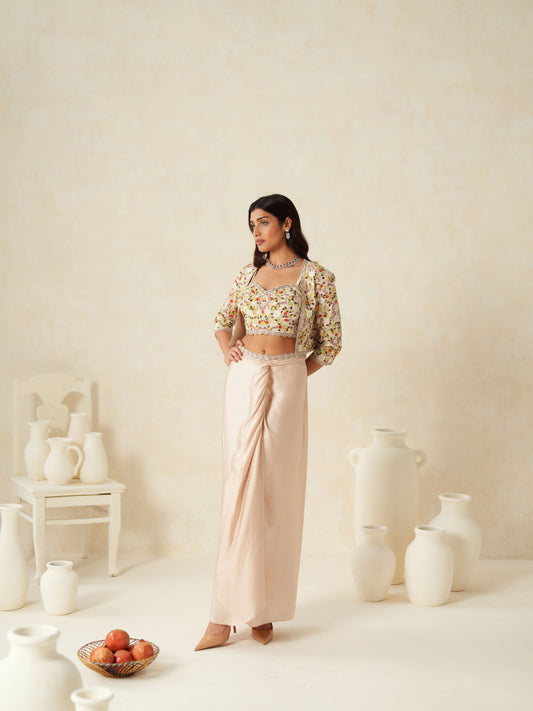 Blush Pink Semi Silk Embellished Jacket - Skirt Set