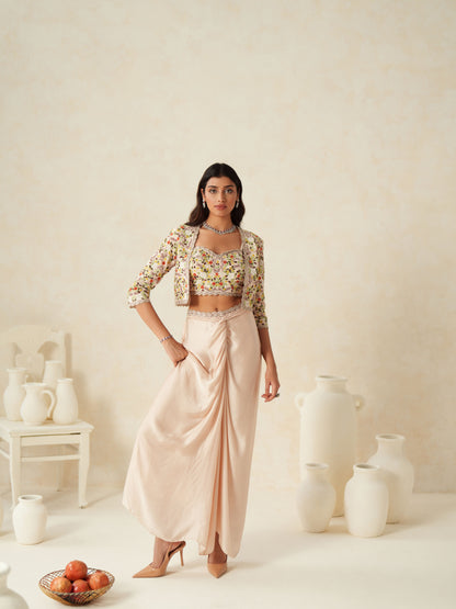 Blush Pink Semi Silk Embellished Jacket - Skirt Set