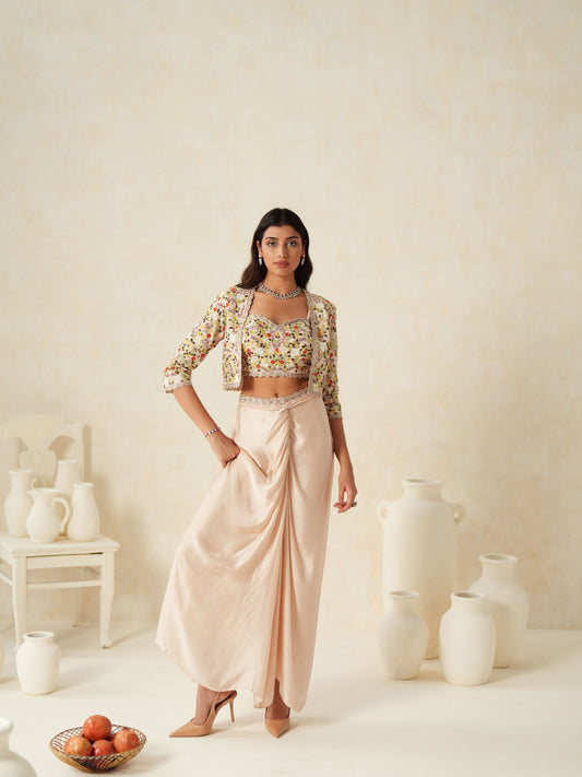 Blush Pink Semi Silk Embellished Jacket - Skirt Set